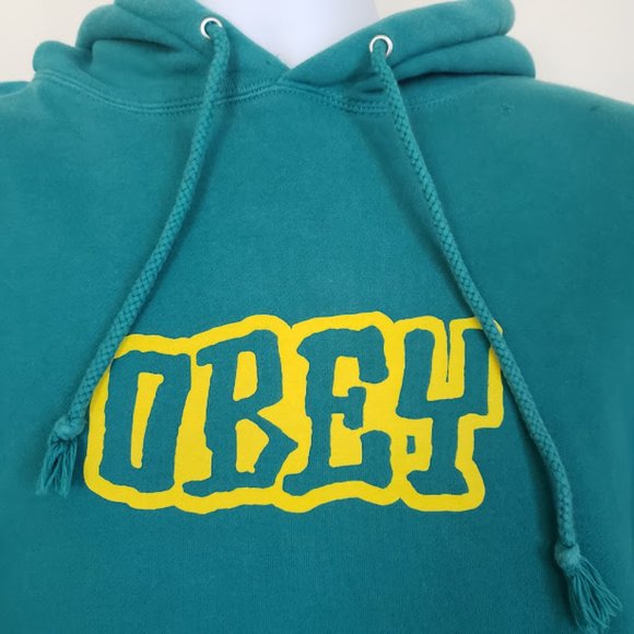 SOLD Obey Mens Sweatshirt Large Hoodie Grn Yellow Pullover Pocket Graphic Print - Picture 6 of 10